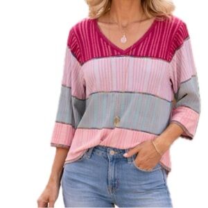 Anthropologie Striped V-Neck Pullover in Pink, Magenta & Sage